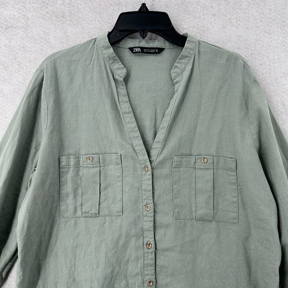 Zara Top Womens LG Linen Viscose Slouchy Sage Green Button Down Crop Blouse - Picture 4 of 15